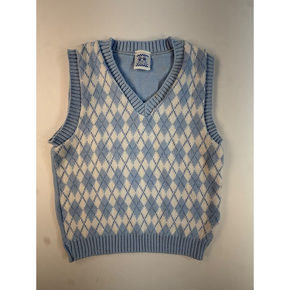 Vintage Kellys Kids Argyle Knit Sweater Vest Light Blue White Cotton Small USA